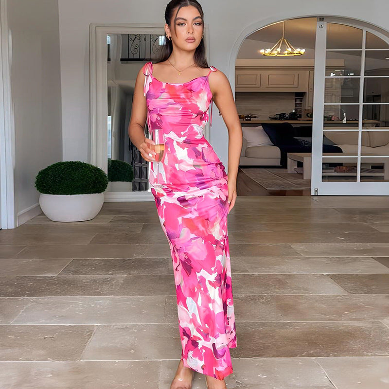 Robe imprimée sexy dos nu, taille cintrée, bretelles spaghetti, robe de plage