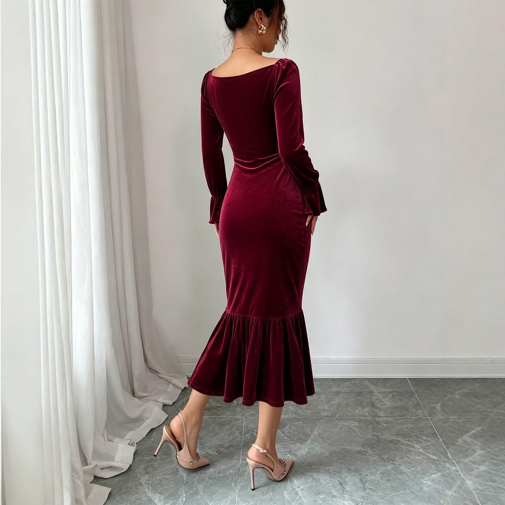 Women Clothing Velvet V neck Dress Autumn Winter Waist Slimming Irregular Asymmetric Fishtail Hip Wrapped Mid Length Dress