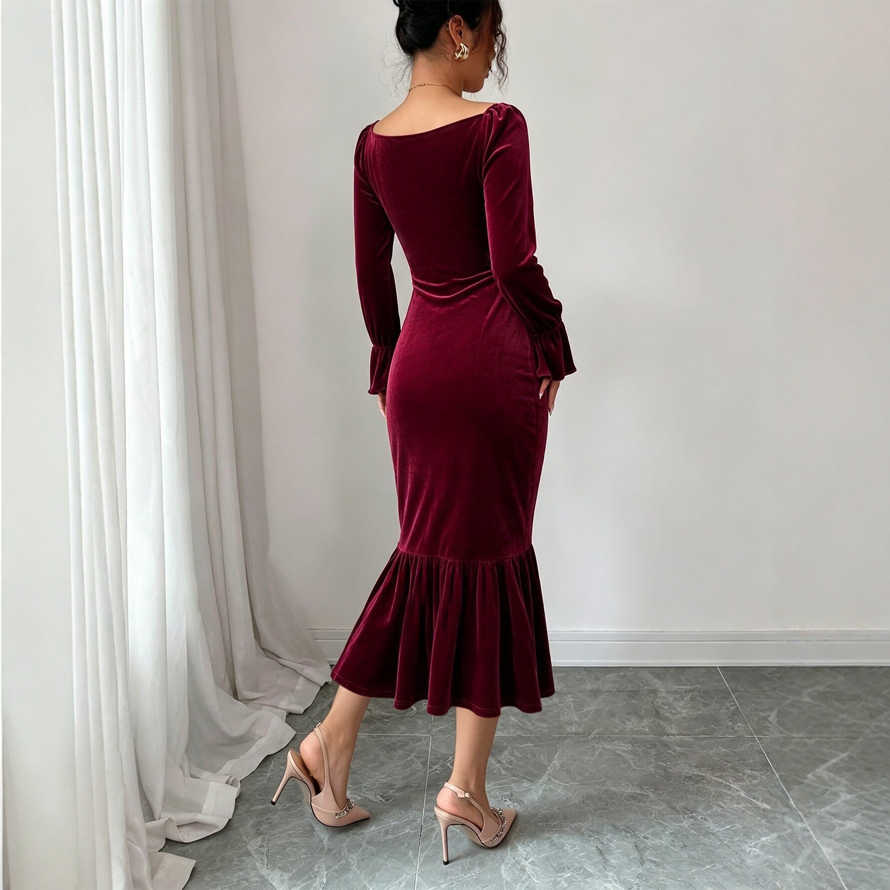 Women Clothing Velvet V neck Dress Autumn Winter Waist Slimming Irregular Asymmetric Fishtail Hip Wrapped Mid Length Dress