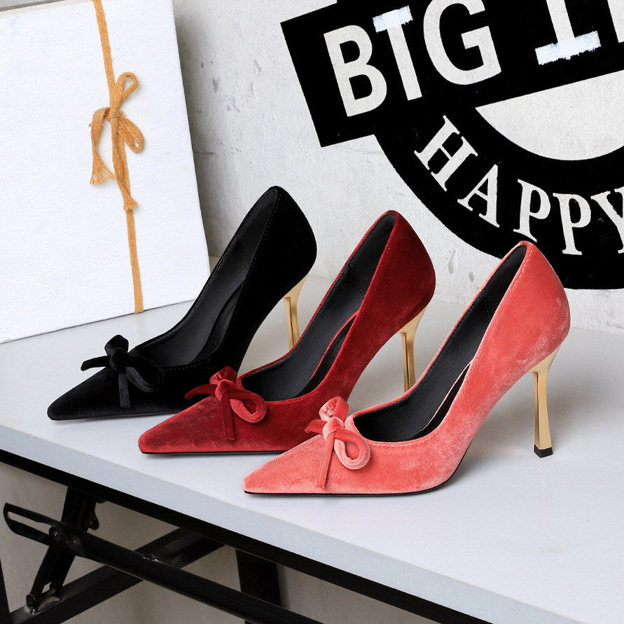 French Metal High Heel Slip on Stilettos Bow Suede Cocktail Goddess Shoes