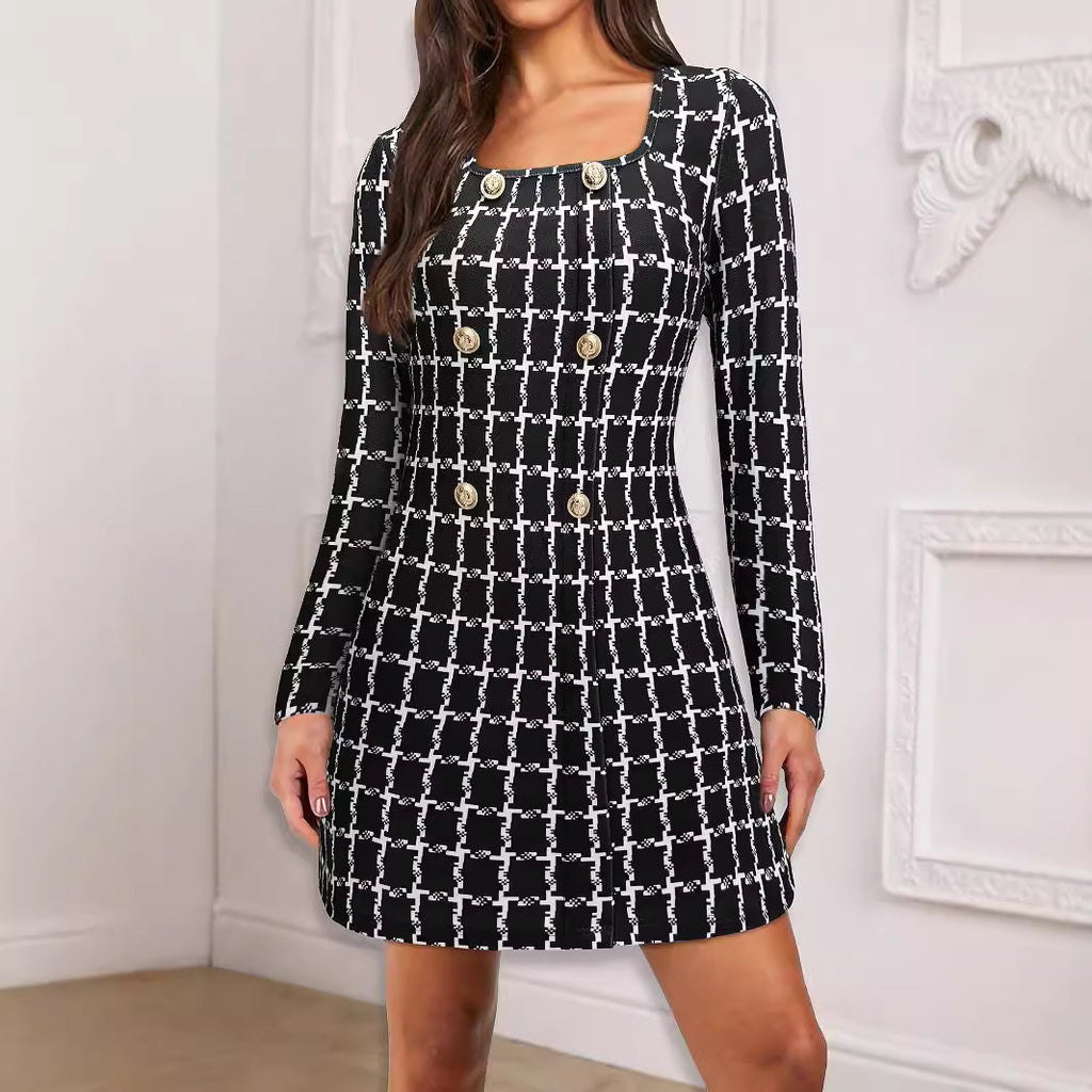 Vestido de mujer, ropa de mujer, elegante vestido de oficina con cuello cuadrado, estampado a cuadros, cierre decorativo, manga larga
