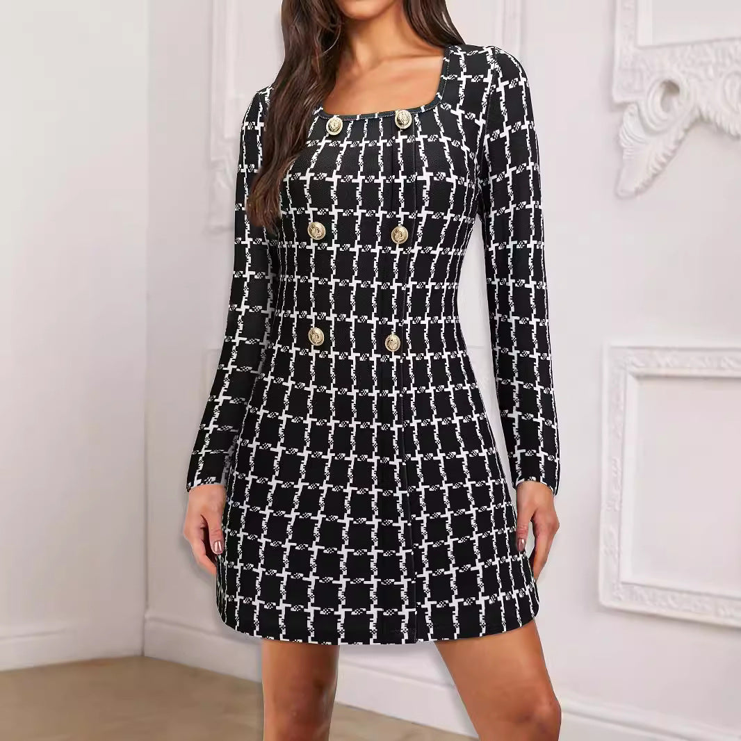 Vestido de mujer, ropa de mujer, elegante vestido de oficina con cuello cuadrado, estampado a cuadros, cierre decorativo, manga larga