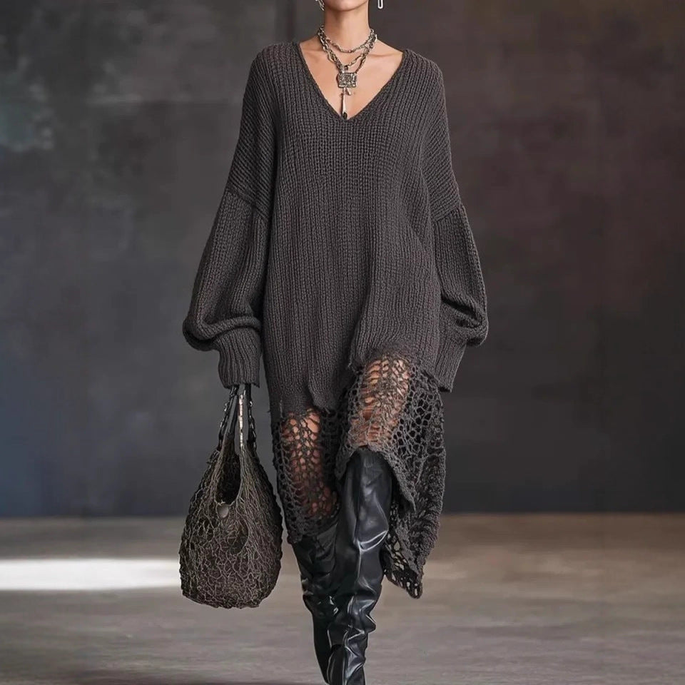 Vestido de punto con escote en V, dobladillo asimétrico irregular, ahuecado y suelto.