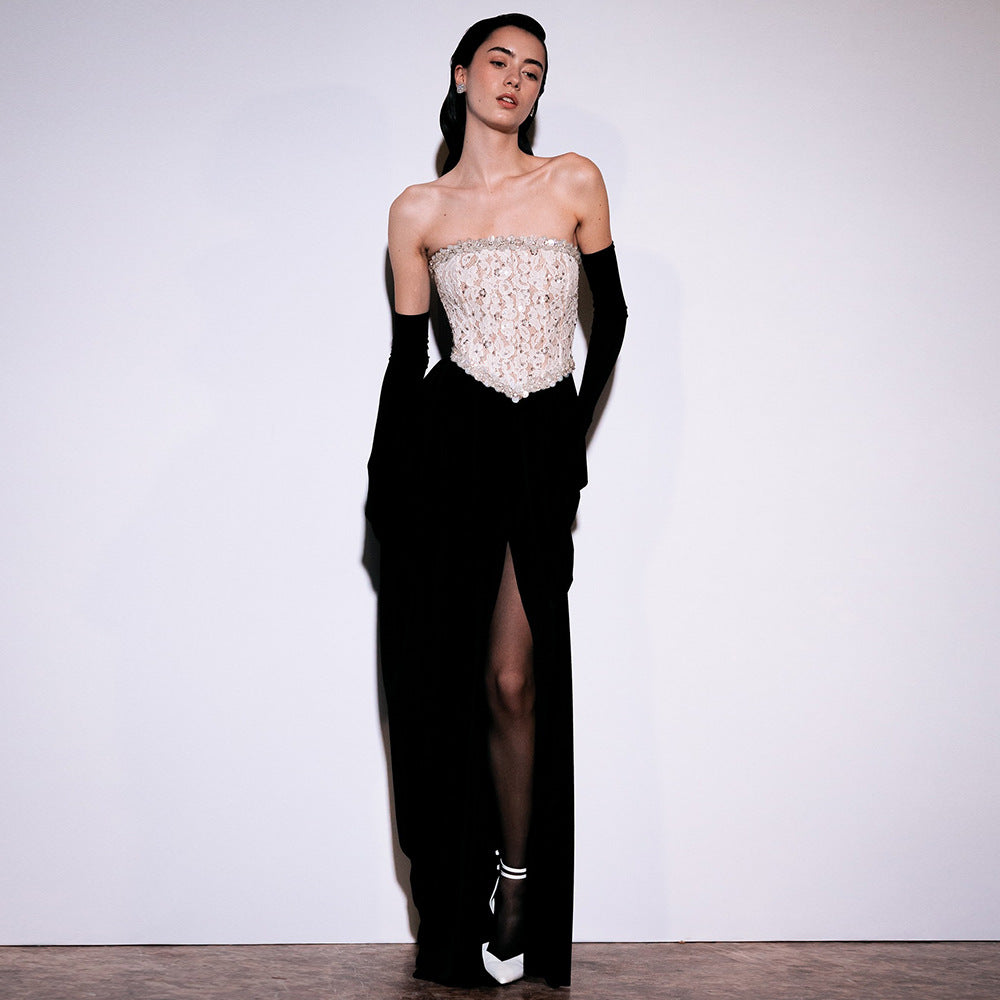 Sexy Women Lace Bead Strapless Dress High Elastic Split Long Dress