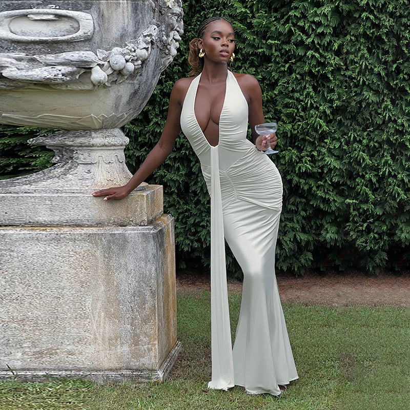 Robe élégante et sexy à décolleté plongeant en V et dos nu plissée pour femme, printemps-été