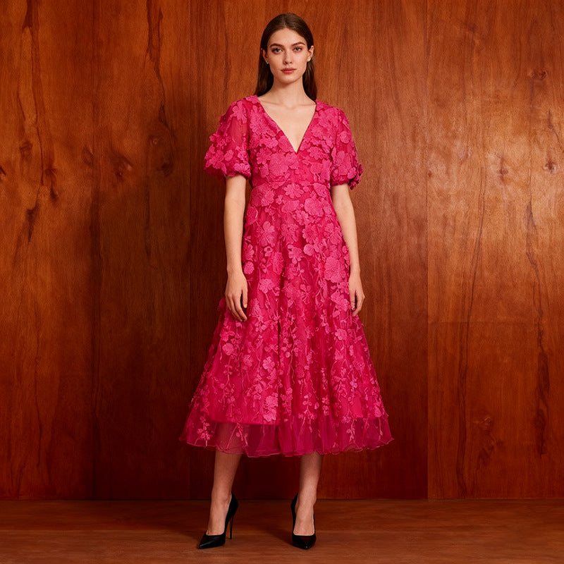 Robe élégante pour femme, simple et élégante, à manches bouffantes, taille haute, col en V, brodée, patchwork automnal