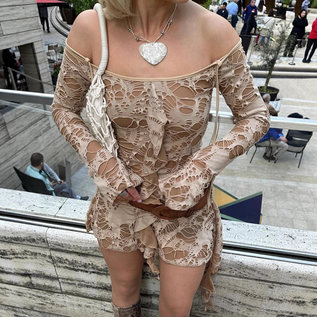 Retro Waste Soil Sexy Ripped Fabric Bell Sleeve off Shoulder Irregular Asymmetric Dress