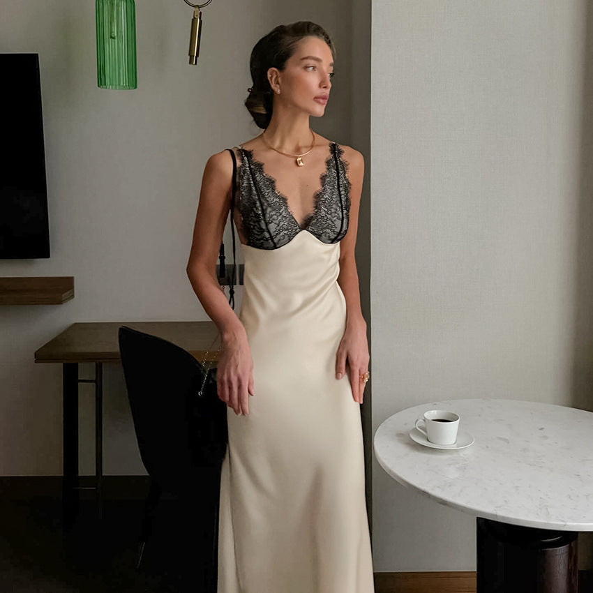 Summer Sexy V neck Lace Stitching Satin Dress Women Slim Fit Maxi Dress