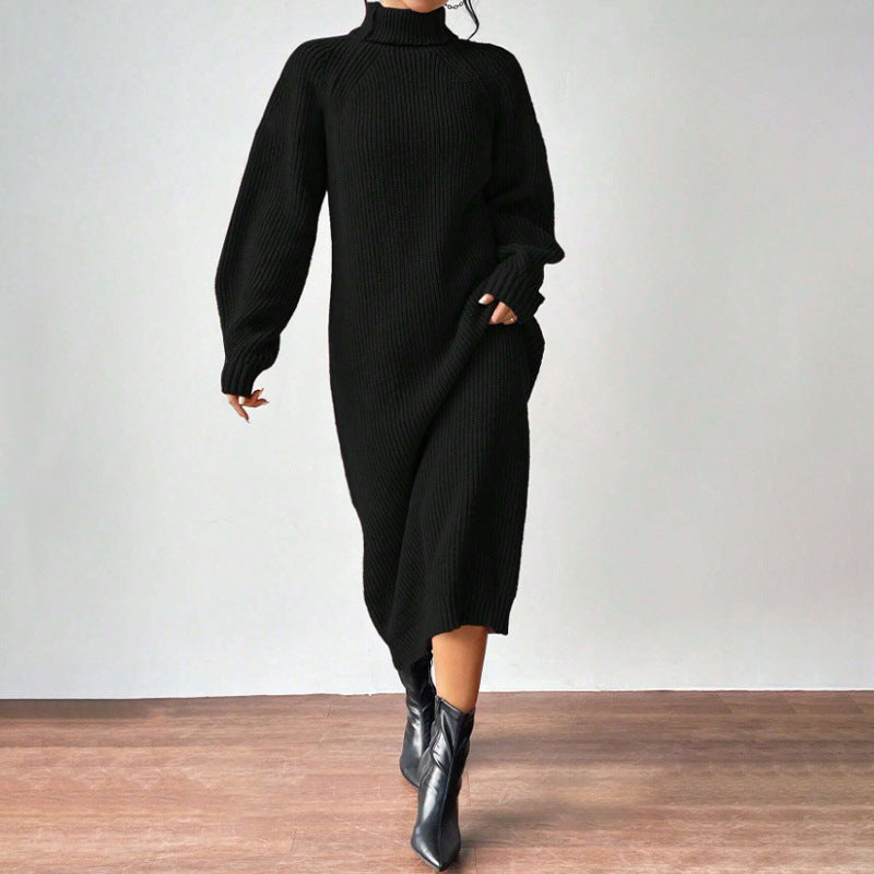 Women Clothing Woolen Pullover High Collar Long Sleeve Knitted Dress Solid Color Long Inner Wear Dress