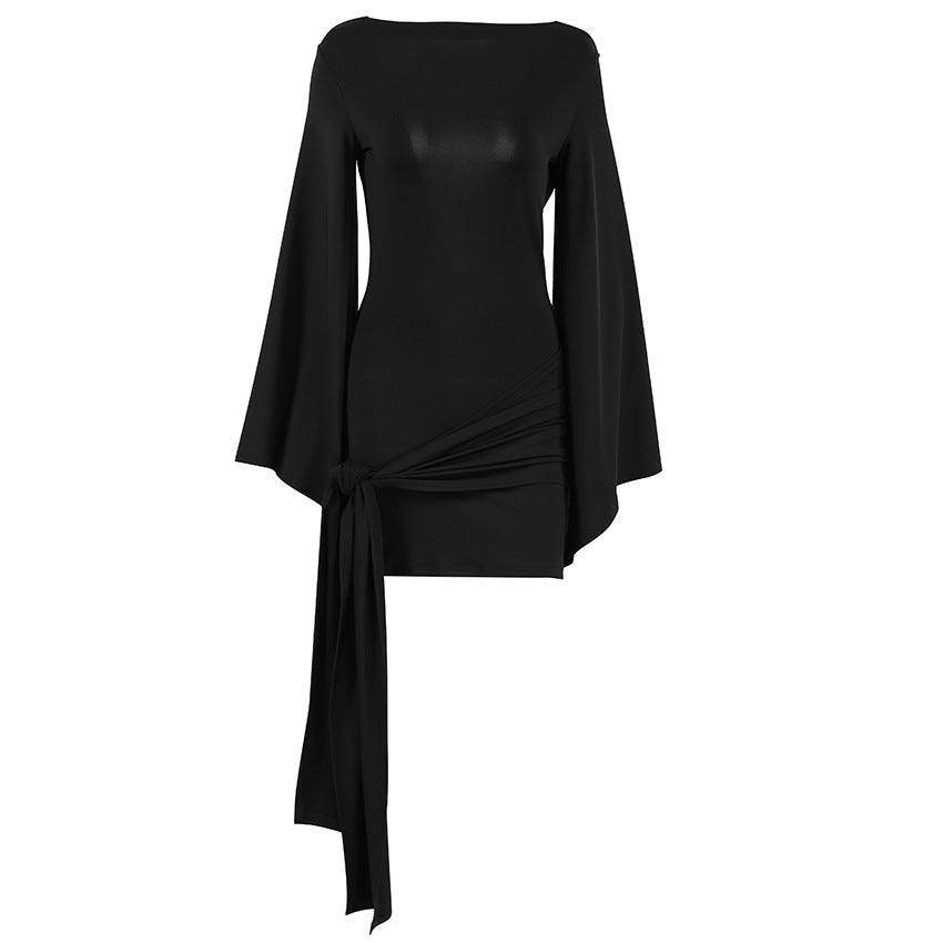 Fall Women Clothing Elegant Flared Sleeve Sexy Waist Trimming Backless Knitted Slim Fit Long Sleeve Dress