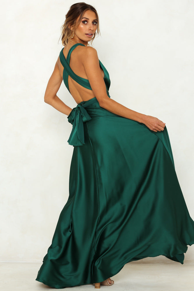 Spring Summer Solid Color Lace-up V-neck Sexy Women Clothing Backless High Waist Dress Maxi Dress Maxi