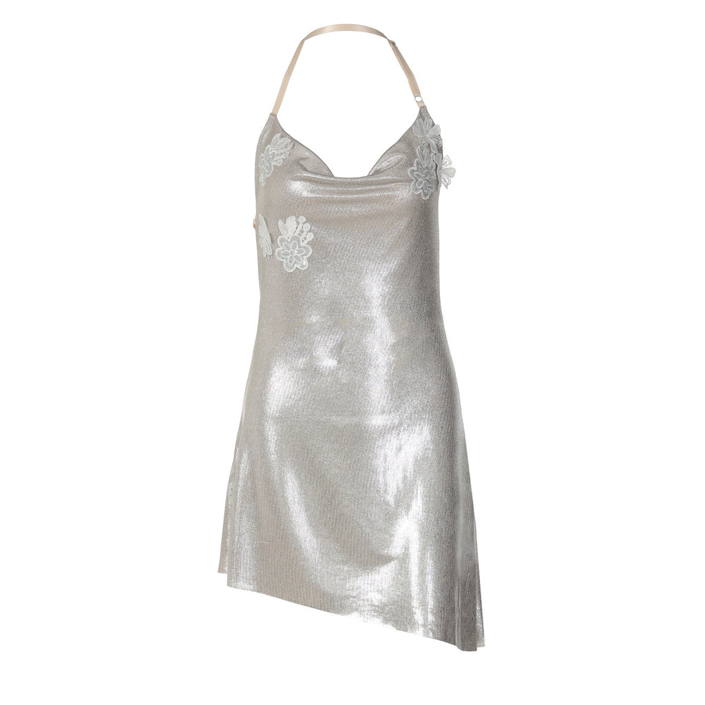 Spring Women Clothing Halter Swing Collar Sexy Backless Bronzing Slim Dress