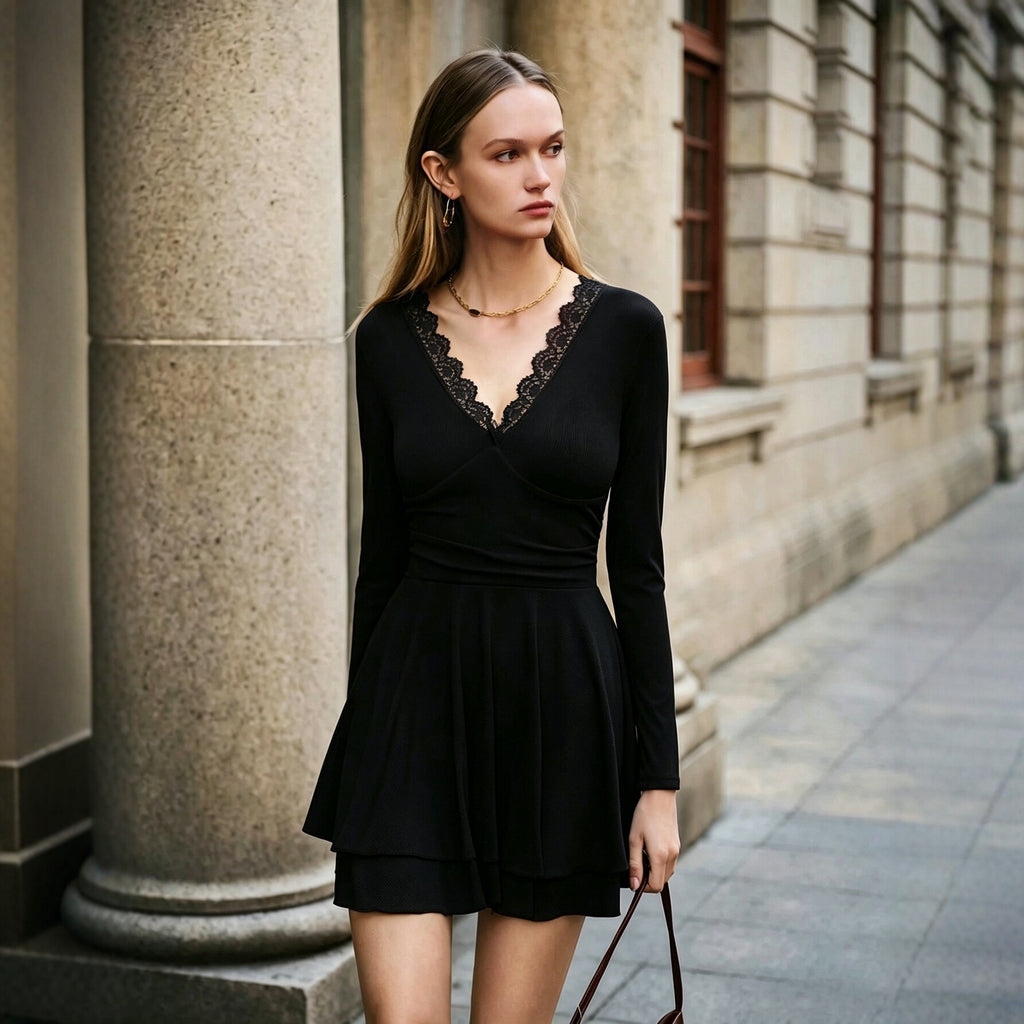 Women V neck Lace Dress Long Sleeve Waist Tight Slimming Flounce A line Dress