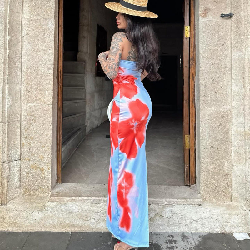Robe longue d'été pour femme, bustier imprimé floral, coupe ajustée, taille haute et fente