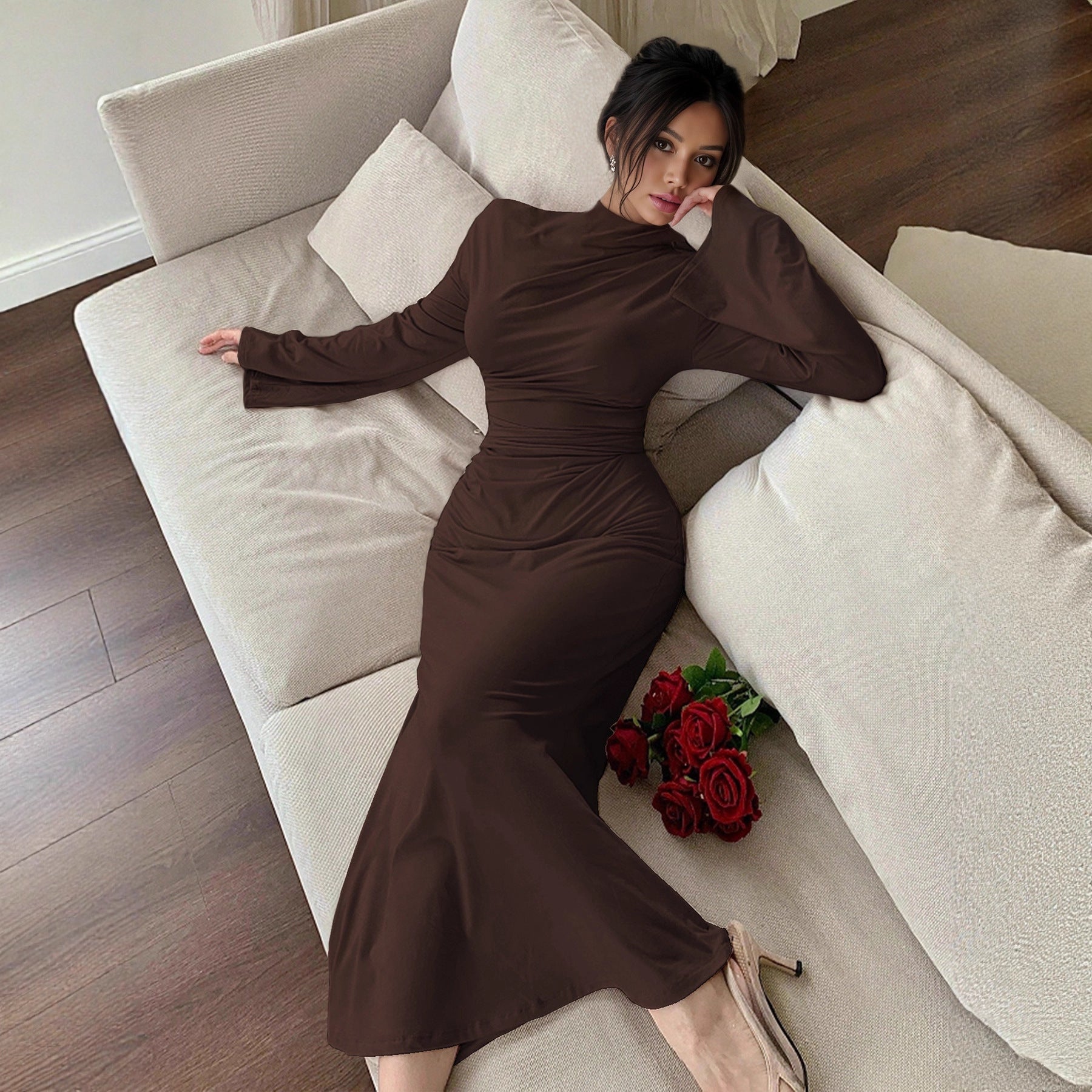 Sexy Minimalist Dress Slim Fit Wild Bell Sleeve Half Turtleneck Sheath Dress