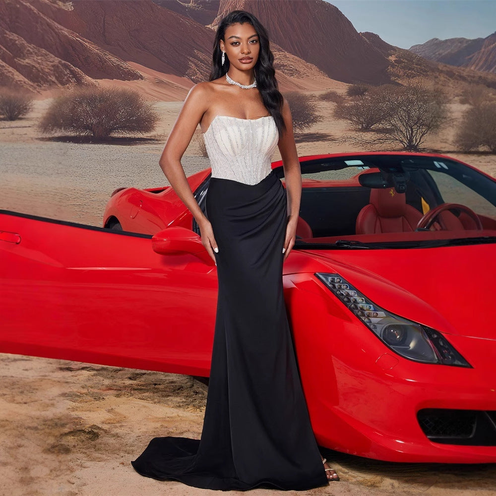 Strapless Boning Corset Stitching Host Bridesmaid Dress Sexy Elegant Formal Evening Dress