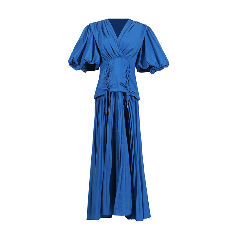 French Personalized Puff Sleeve Design V neck High Waist Tight Waist Design Maxi Dress Autumn Solid Color Women Dress