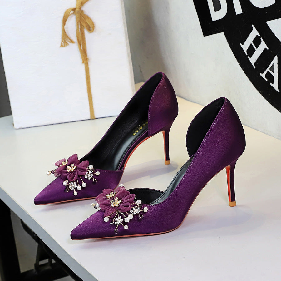 French Fengshui Diamond Floral Party Shoes Pointed Toe Side Empty Red Background Slip on Stiletto Satin Pumps