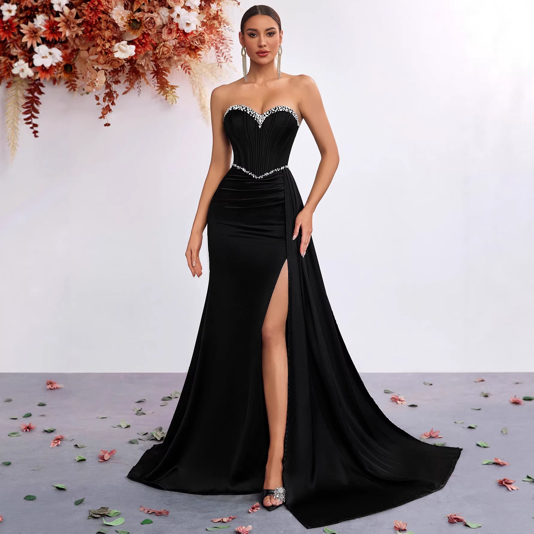 Strapless Rhinestone Waist-Tight High Slit Dress High Grade Light Luxury Ladies Cocktail Evening Dress
