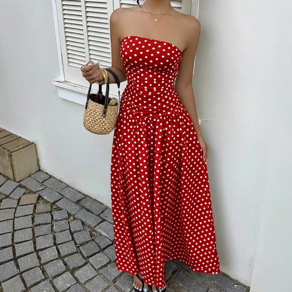 Robe de soirée élégante à pois, épaules dénudées, coupe trapèze, sexy et flatteuse pour le printemps et l'été.