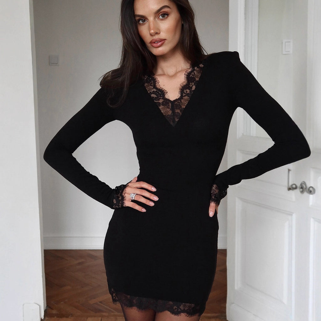 Adult Lady like Woman Autumn Winter V neck Lace Stitching Black Sexy Tight Milk Silk Hip Elegant Dress