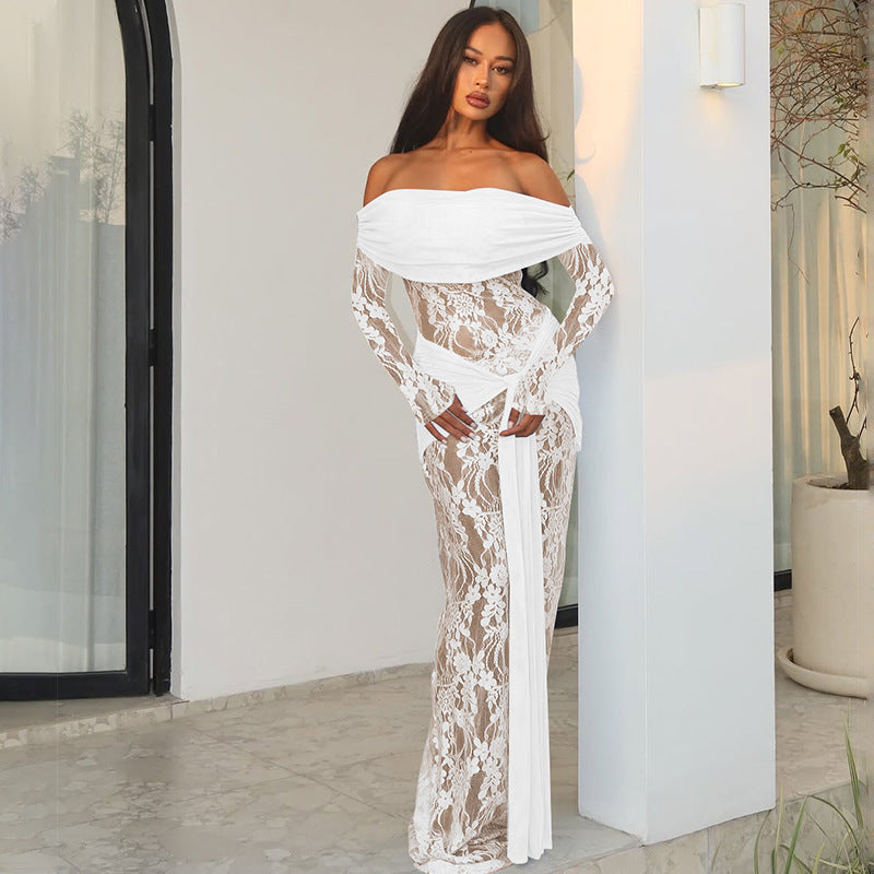 Vestido largo elegante de otoño con encaje y retazos para mujer, vestido con hombros descubiertos y manga larga con lazo.