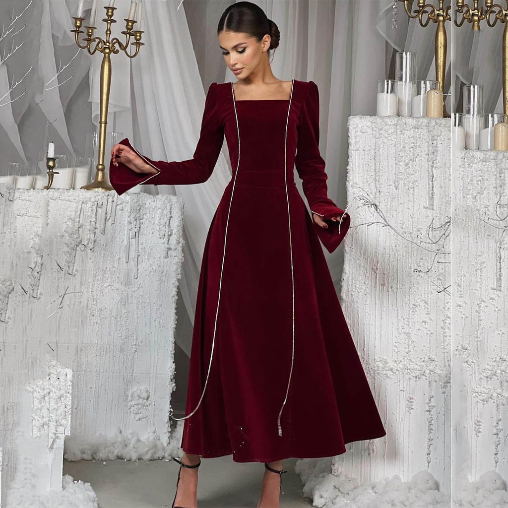 Autumn Winter Party Dress French Ladies Dress Korean Velvet Bell Sleeve Square Collar A line Dress Women
