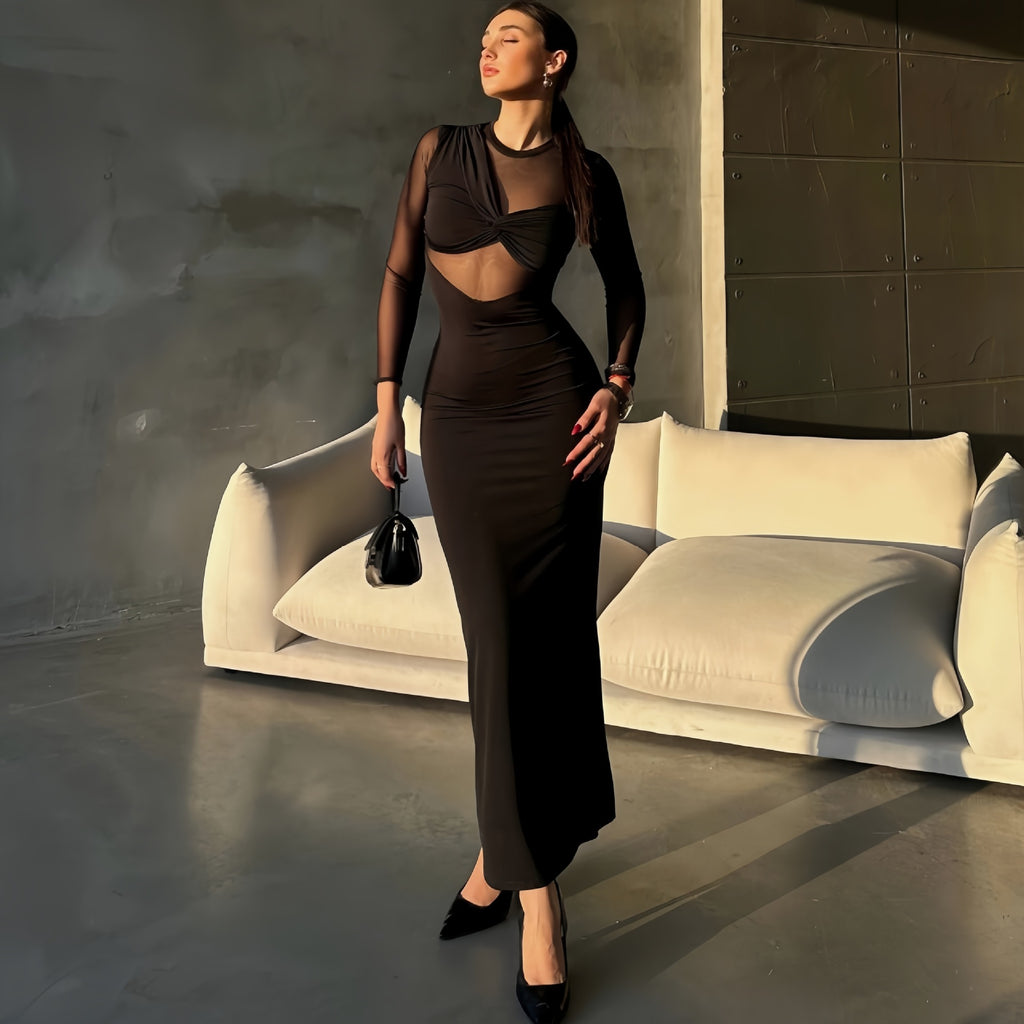 Vestido de otoño invierno personalizado sexy ajustado de manga larga con aberturas y cortes para mujer