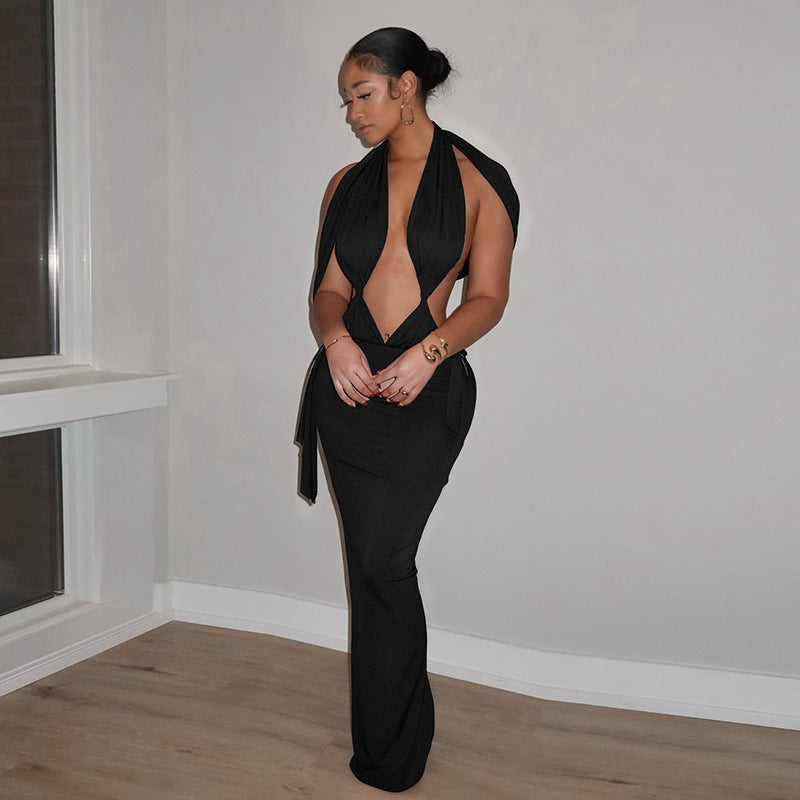 Robe longue sexy plissée, dos nu, sans manches, à ruban, couleur unie, pour femme, collection printemps.