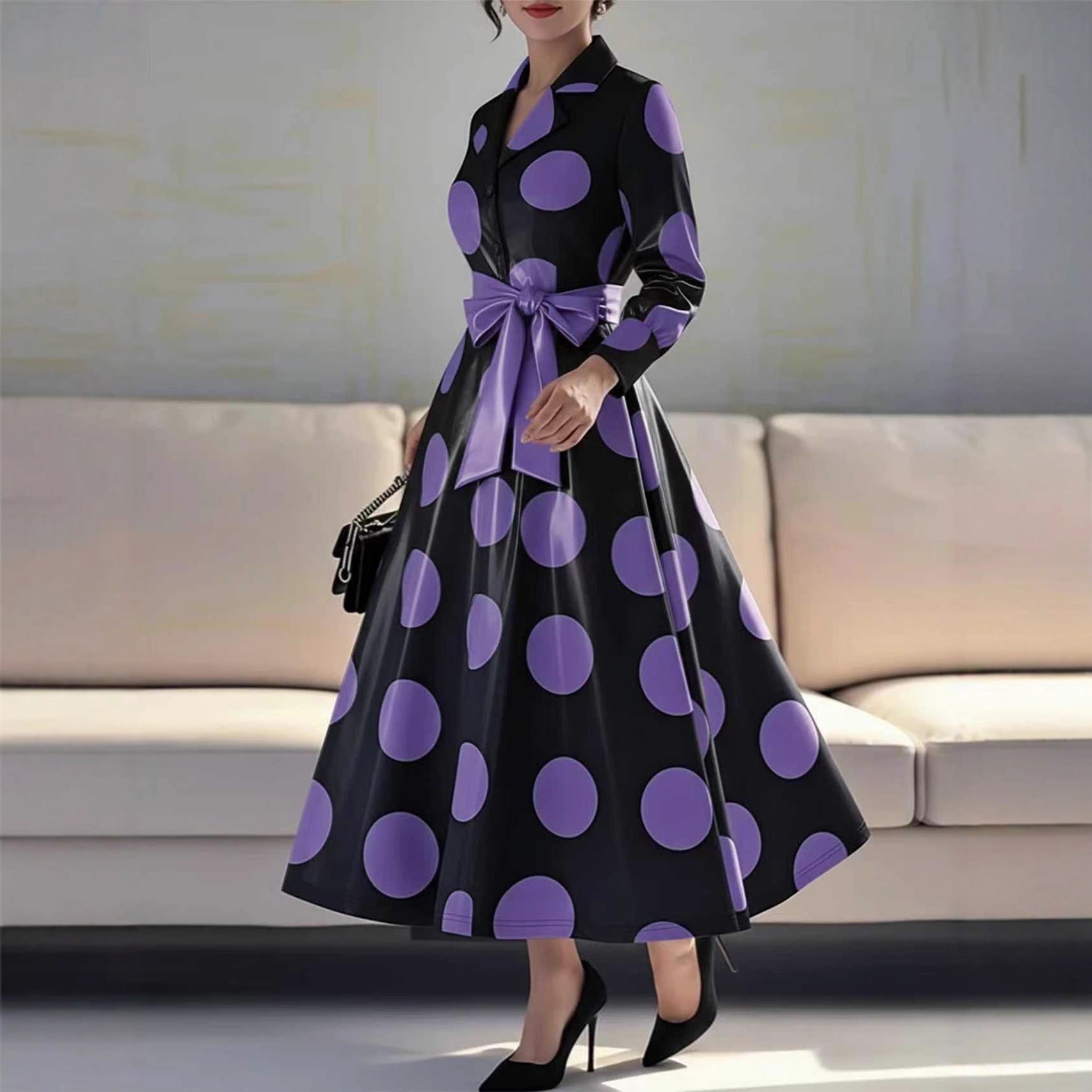 Women Clothing V neck Elegant Printed Waist Dignified Dress