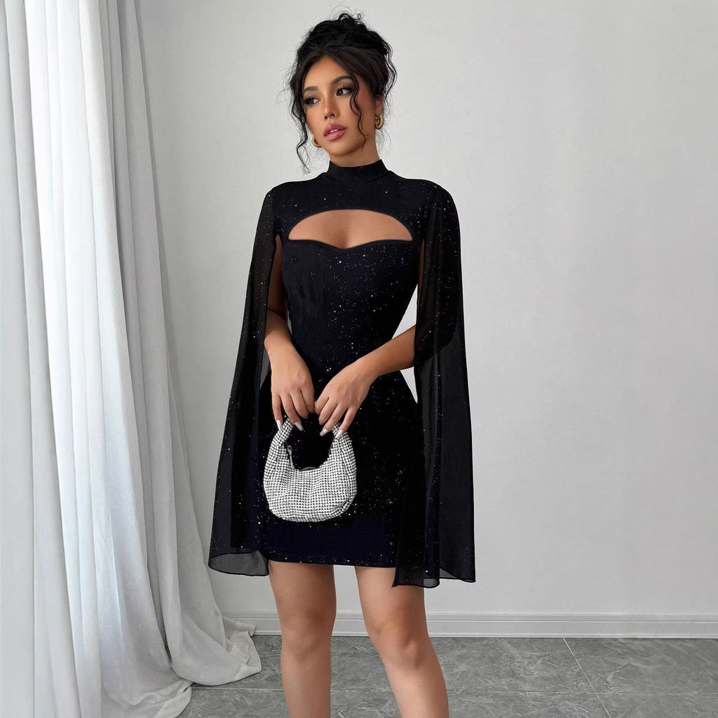 Women Clothing round Neck Sunken Stripe Pearl Chiffon Cape Sheath Dress for Women