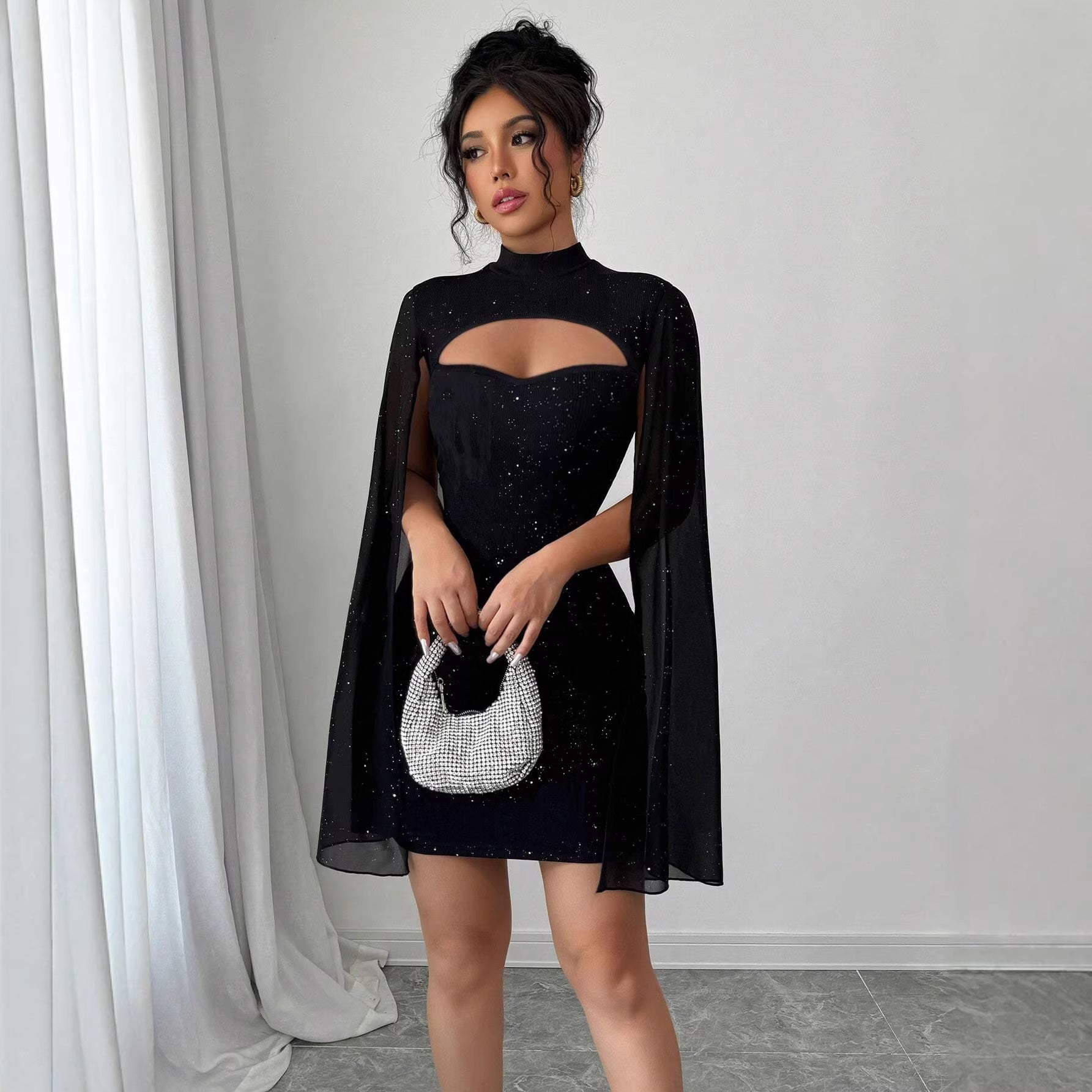Women Clothing round Neck Sunken Stripe Pearl Chiffon Cape Sheath Dress for Women