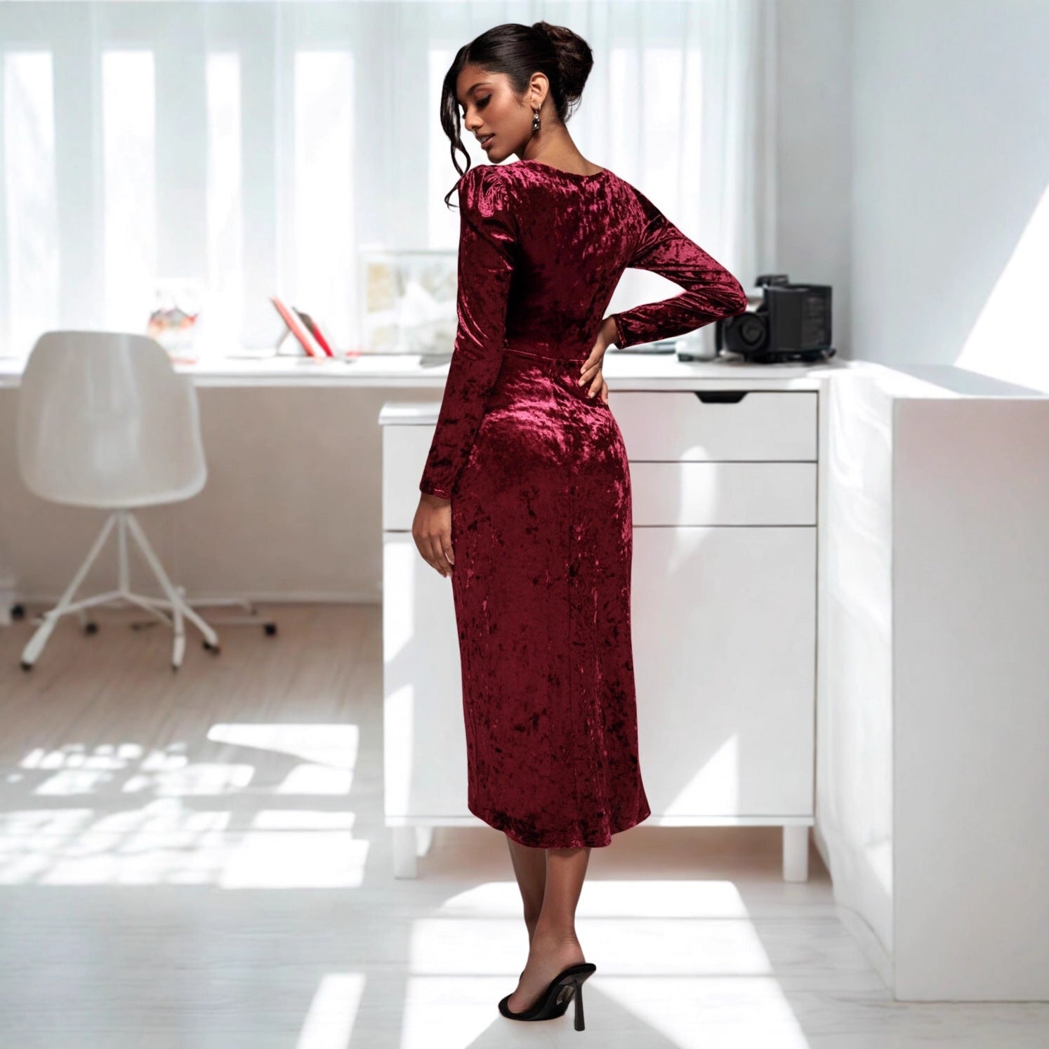 Women Clothing Diamondmax Velvet Party Dress Slim Fit Sheath Long Sleeve Dress
