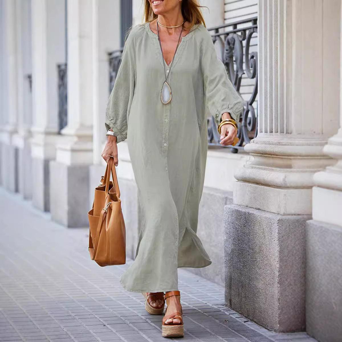 Autumn Winter Cotton Linen Shirt Casual Long Sleeve Cardigan Dress Women