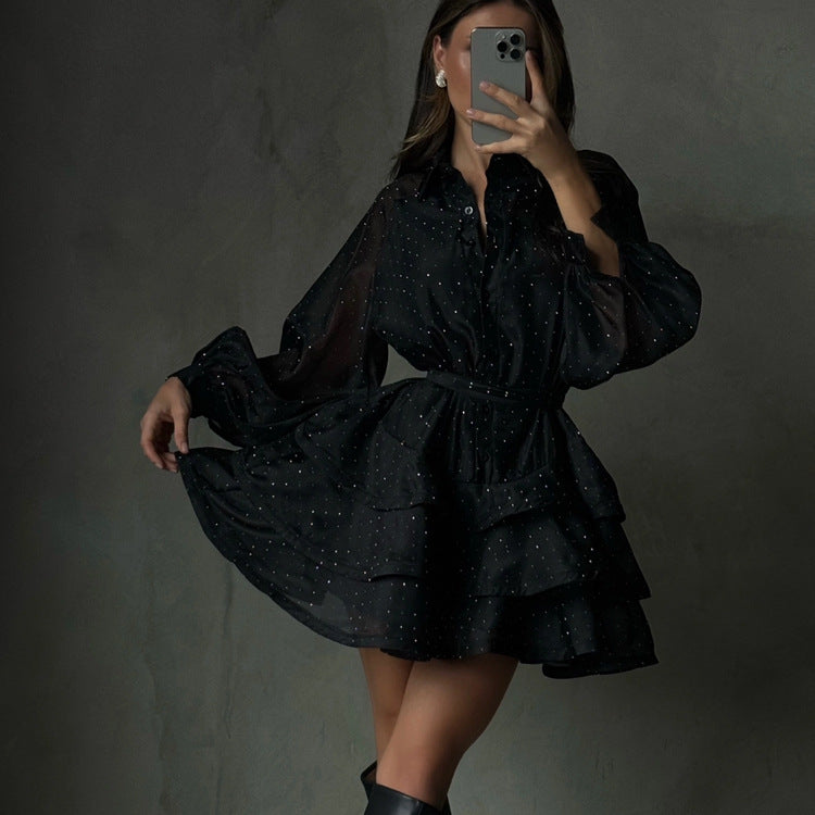 Casual Black Rhimestone A line Dress Women Clothing Autumn Polo Collar Long Sleeve High Waist Bubble Dress