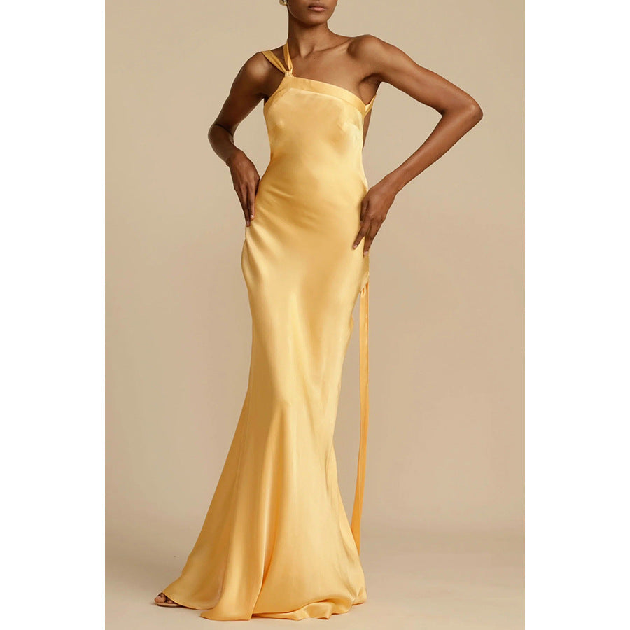 Robe de soirée printemps-été cintrée à épaules dénudées, robe décontractée en satin
