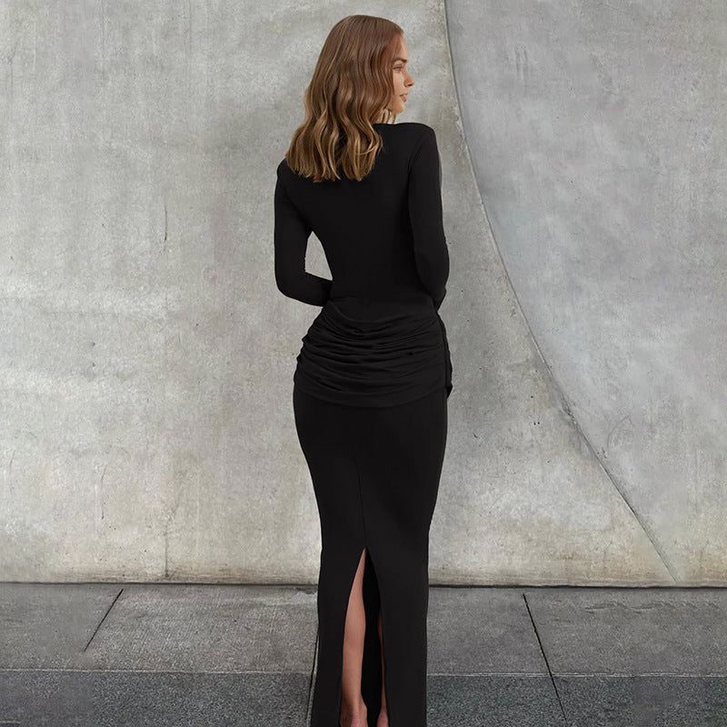 Robe élégante automne-hiver pour femme, coupe cintrée, col rond, couleur unie, fente, manches longues.