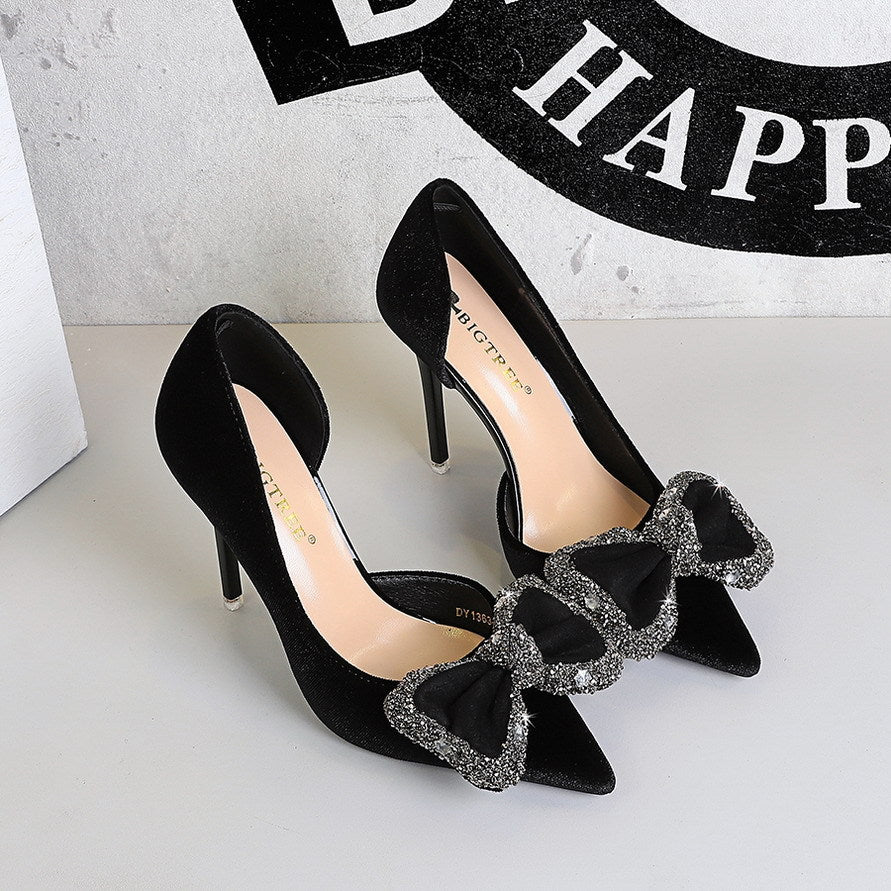 Wind Black Dignified Rhinestone Decorative Bowknot Pointed Shallow Mouth Side Hollow Out Cutout Sexy Pumps