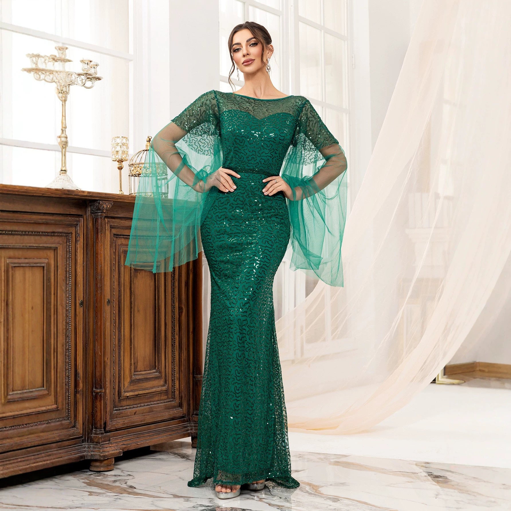 Cocktail Elegant Long Sleeveless Sequined Atmosphere Queen Fishtail Evening Dress