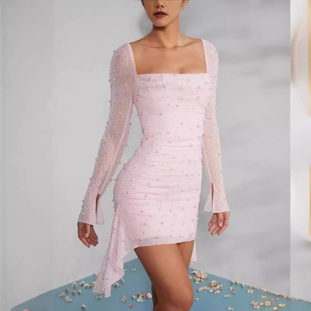 Vestido largo de manga larga con cuentas para primavera y verano