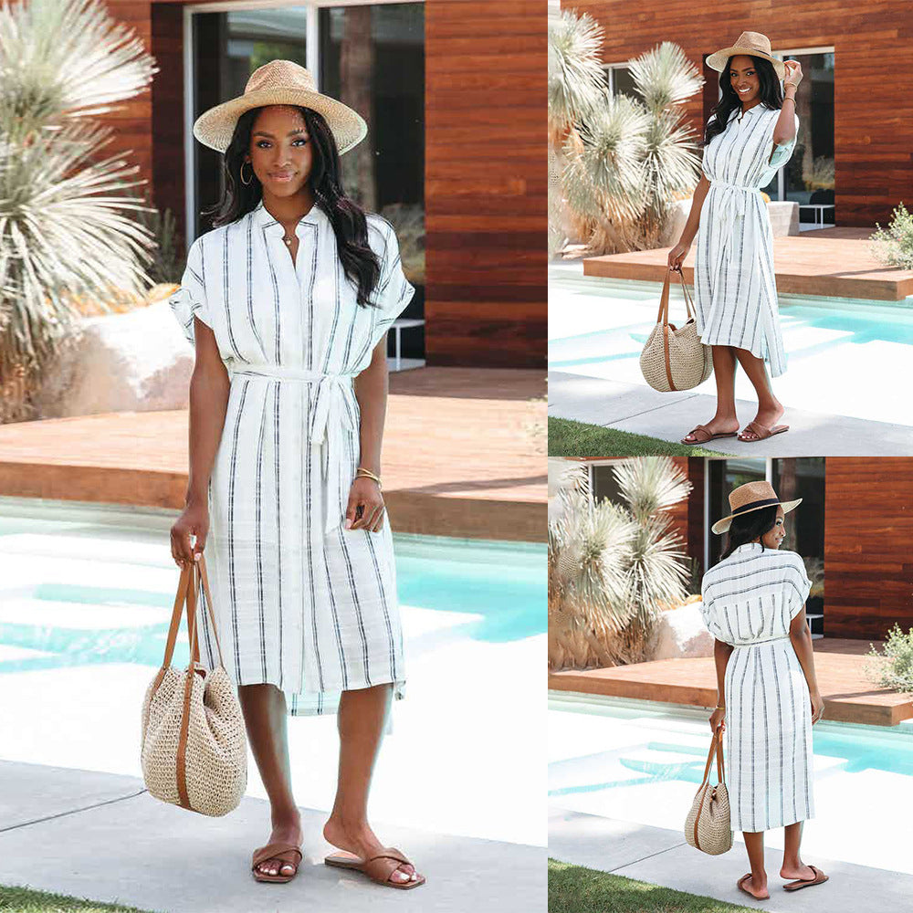 Summer Striped Short-Sleeved Cardigan Single-Breasted Casual Shirtdress Women