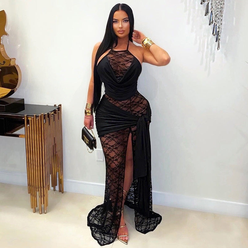 Women Clothing Summer Solid Color Lace Stitching Halter Swing Collar Slit Ribbon Maxi Dress