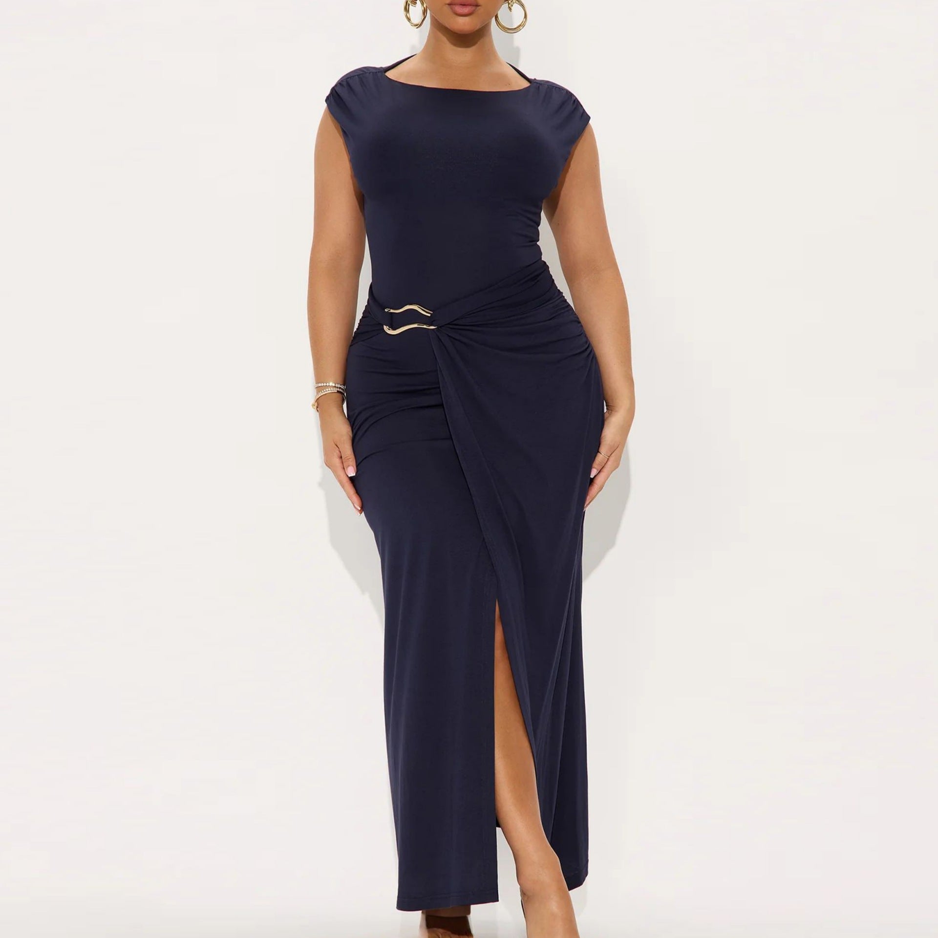 Robe d'été unie pour femme, col rond, coupe cintrée et fendue