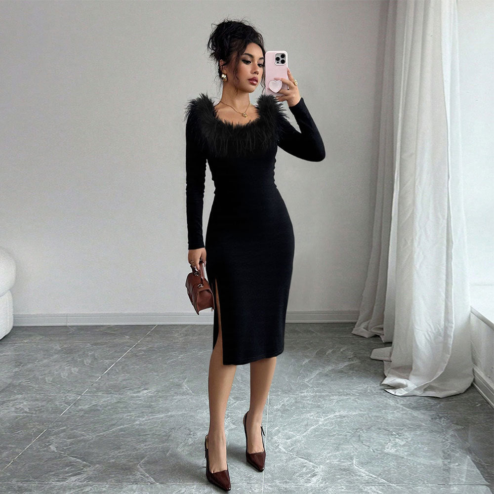 Robe longue moulante en peluche noire à encolure en peluche, fente latérale, élégante robe de soirée pour femme, automne-hiver.