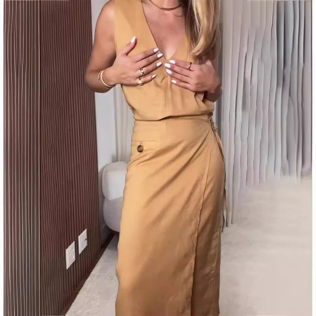 V Neck Sleeveless Irregular Asymmetric Lace Up Slim Dress Faux Two Piece Split Women Clothing