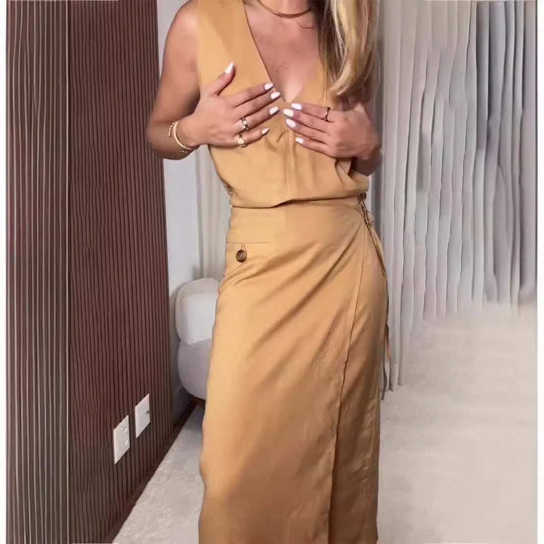 V Neck Sleeveless Irregular Asymmetric Lace Up Slim Dress Faux Two Piece Split Women Clothing