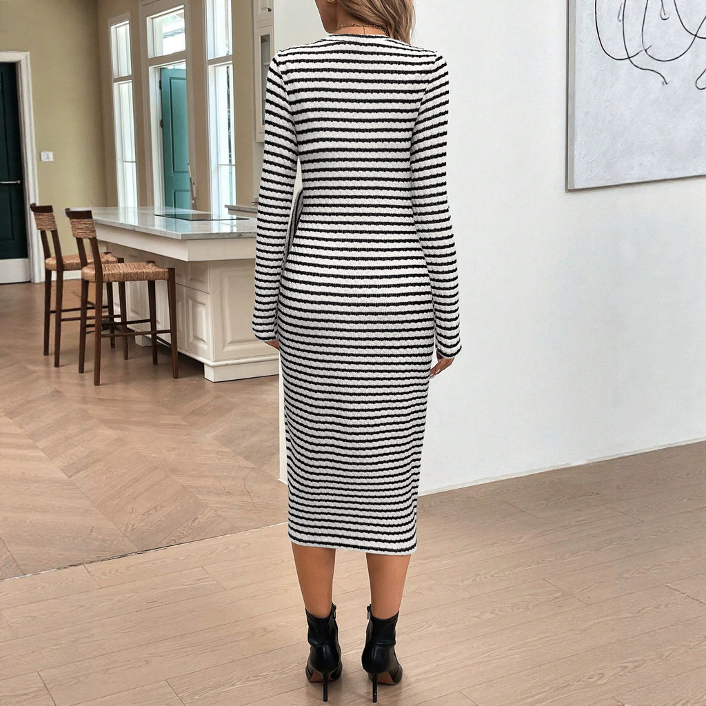 Spring Autumn French Slim Fit Black White Striped Long Sleeve Slim Dress Bow Lace Up Slits Design Date Dress
