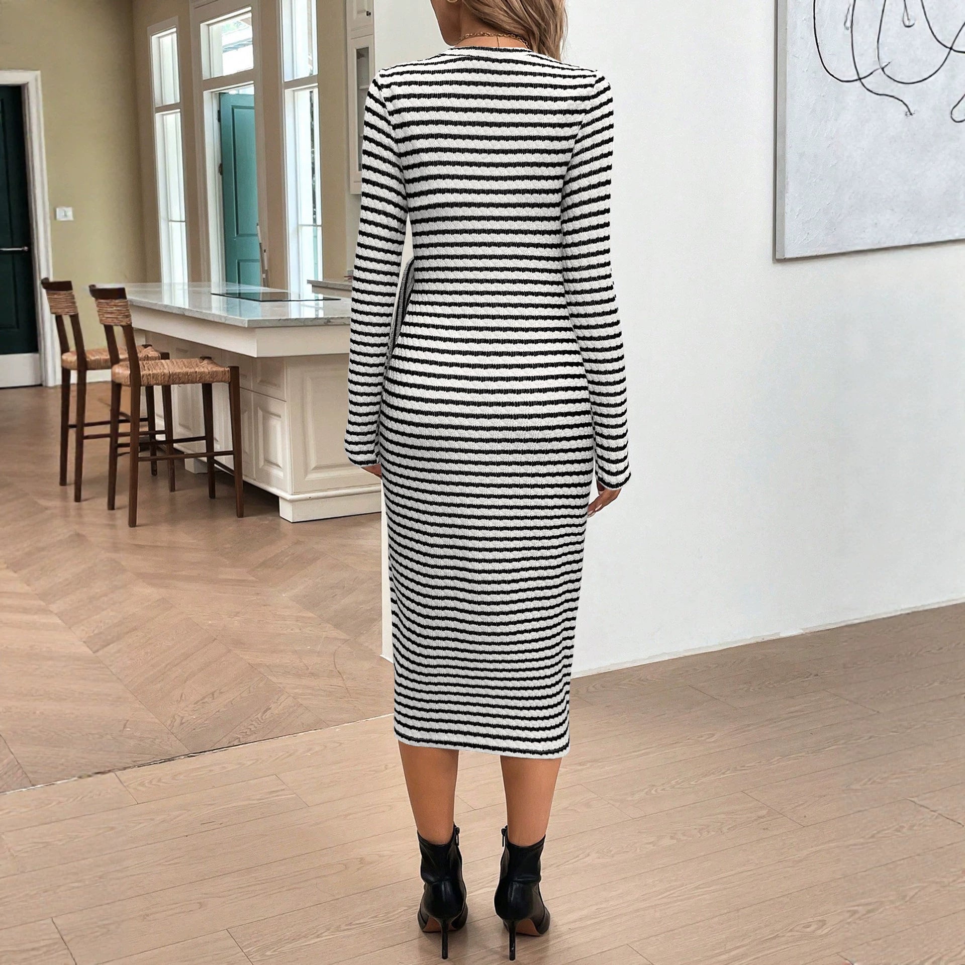 Spring Autumn French Slim Fit Black White Striped Long Sleeve Slim Dress Bow Lace Up Slits Design Date Dress