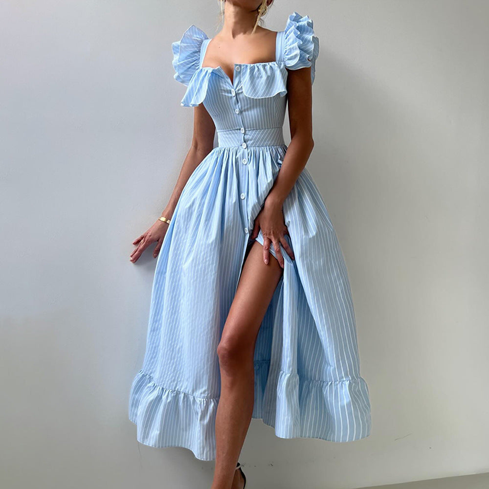 Robe rayée d'été, cardigan boutonné à taille cintrée, robe maxi à manches volantées pour femme
