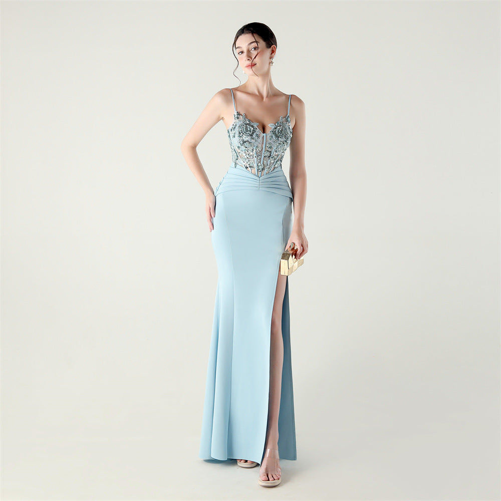 Satin Cloth Applique Bead Tube Boning Corset Waist Tight Folding Craft Evening Dress Strapless Sexy Dinner Social